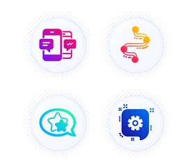 Star, Timeline and Smartphone sms icons simple set. Button with halftone dots. Cogwheel sign. Favorite, Journey path, Mobile messages. Engineering. Technology set. Gradient flat star icon. Vector