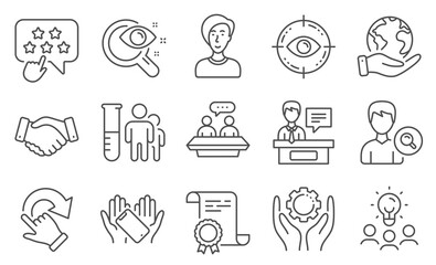 Set of People icons, such as Smartphone holding, Businesswoman person. Diploma, ideas, save planet. Vision test, Employee hand, Employees handshake. Vector