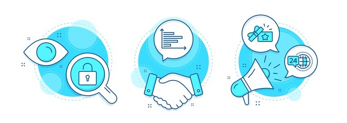 24h service, Loyalty gift and Lock line icons set. Handshake deal, research and promotion complex icons. Horizontal chart sign. Call support, Bonus award, Private locker. Presentation graph. Vector
