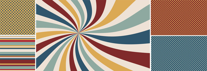retro starburst or sunburst background vector pattern, vintage color palette of red gold blue yellow and off white in spiral or swirled striped design, matching seamless polka dot and striped pattern