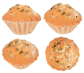 Cupcakes with raisins from different angles isolated on white