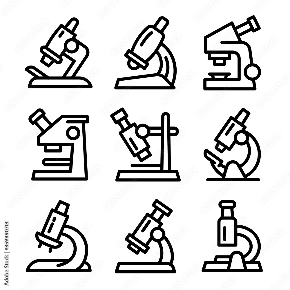 Poster microscope icons set. outline set of microscope vector icons for web design isolated on white backgr