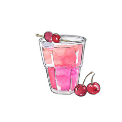 Glass with pink drink and fresh cherry berries isolated on white background. Hand drawn watercolor and ink illustration.