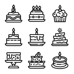 Cake birthday icons set. Outline set of cake birthday vector icons for web design isolated on white background