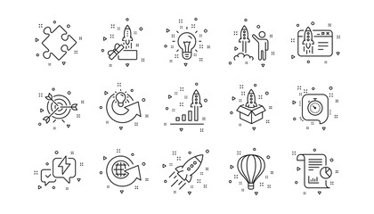 Launch Project, Business report and Target. Startup line icons. Strategy linear icon set. Geometric elements. Quality signs set. Vector