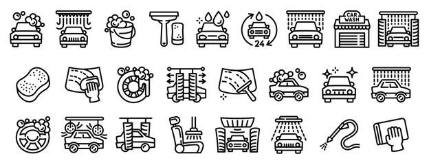 Car wash icons set. Outline set of car wash vector icons for web design isolated on white background