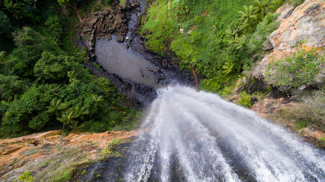 Aerial view looking down on Purling Brook Falls in the Gold Coast Hinterland, QLD.