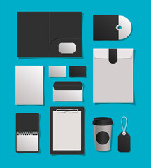 Mockup file mug cd cards envelopes notebook and label design of corporate identity template and branding theme Vector illustration