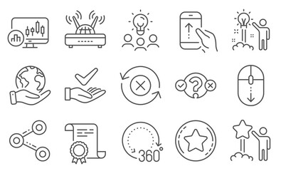 Set of Technology icons, such as 360 degrees, Wifi. Diploma, ideas, save planet. Scroll down, Dermatologically tested, Reject refresh. Creative idea, Share, Quiz test. Vector