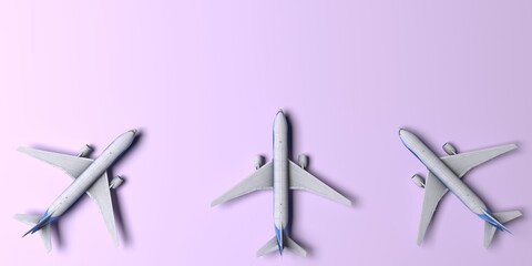 planes in colorful background. Passengers commercial airplane flying above clouds in sunset light. Concept of fast travel holidays and business.