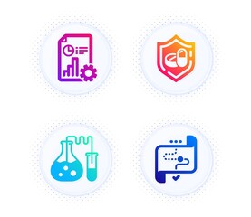 Medical tablet, Report and Chemistry lab icons simple set. Button with halftone dots. Target path sign. Medicine pill, Presentation document, Laboratory. Business aim. Business set. Vector