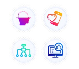 Face scanning, Heart and Restructuring icons simple set. Button with halftone dots. Like video sign. Faces detection, Love call, Delegate. Thumbs up. Business set. Vector