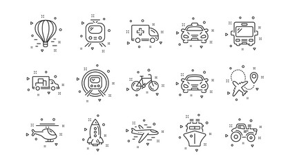 Taxi, Helicopter and Train. Transport line icons. Airplane linear icon set. Geometric elements. Quality signs set. Vector
