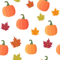 Seamless pattern with pumpkin and maple leaves. Autumn vector pattern. For textiles, wrapping paper, fabric.
