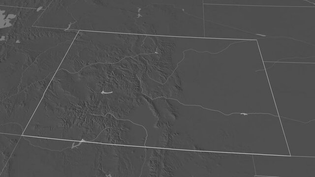 Colorado, state with its capital, zoomed and extruded on the bilevel map of United States in the conformal Stereographic projection. Animation 3D