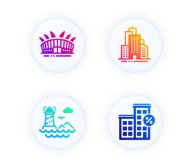 Fototapeta na wymiar Lighthouse, Skyscraper buildings and Arena stadium icons simple set. Button with halftone dots. Loan house sign. Navigation beacon, Town architecture, Sport complex. Discount percent. Vector