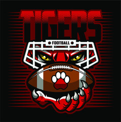 Naklejka premium tigers football team design with mascot, facemask and ball for school, college or league