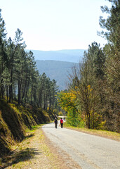 Dos mujeres peregrinas en el Camino de Santiago, Camino Sanabres desde Campobecerros hacia Laza, provincia de Orense, España