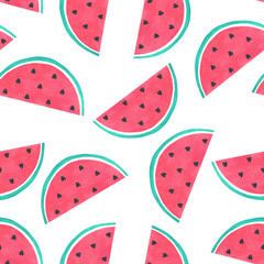 Watermelon seamless watercolor pattern illustration. Watermelon slice, seeds on white background