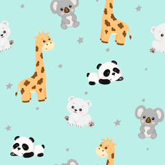 Seamless pattern for children, cute animals, koala, giraffe, polar bear, panda, stars