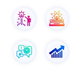 Creative idea, Time management and Typewriter icons simple set. Button with halftone dots. Demand curve sign. Startup, Office chat, Inspiration. Statistical report. Education set. Vector