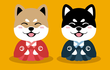 Cute shiba inu wearing kimono. Dog cartoon icon, vector illustration on yellow background.