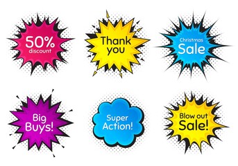 Super action, 50% discount and christmas sale. Comic speech bubble. Thank you, hi and yeah phrases. Sale shopping text. Chat messages with phrases. Colorful texting comic speech bubble. Vector