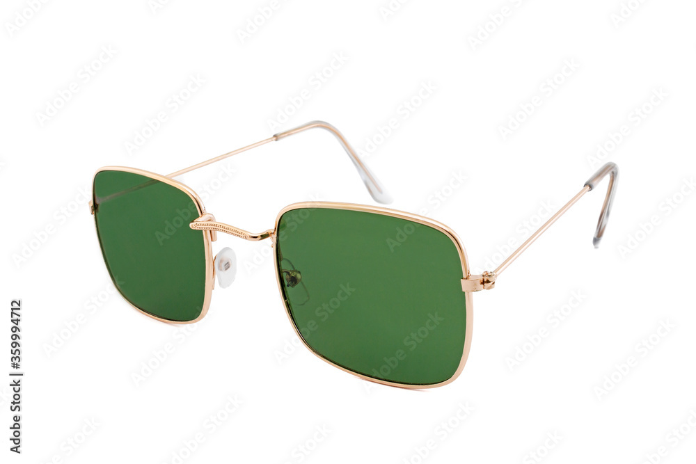 Wall mural Green rectangular sunglasses with clear lenses and thin golden frames isolated on white background. Side View.