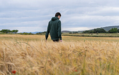 boy in sportswear in a wheat field strolls thoughtfully into the sunset