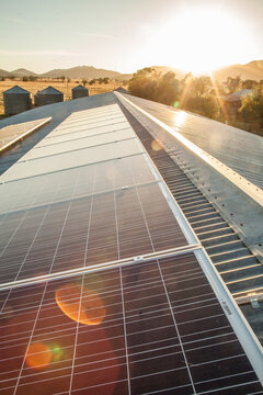 Solar panels and sunlight generating energy to power a farm