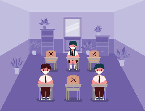 Girl and boys kids on desks with medical masks at classroom design, Back to school and social distancing theme Vector illustration