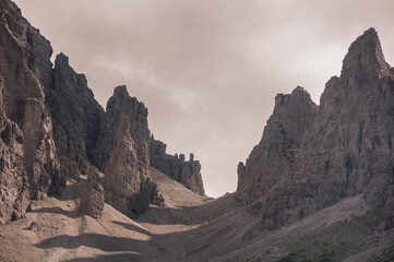 View of the bizarre Spalti di Toro-Monfalcone mountain range, located in the Friulian Dolomites, Dolomites, South Tirol, Italy.