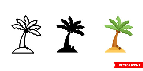 Palm tree island icon of 3 types. Isolated vector sign symbol.