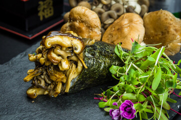 Temaki Sushi. Traditional Japanese cuisine, Temaki premium mushrooms, shitake, shimeji, decorated in an elegant setting.