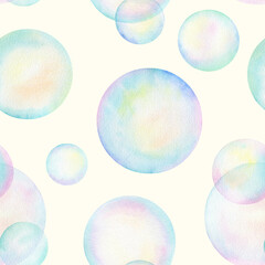 A seamless pattern. Watercolor soap bubbles on a beige background. Concept for printed materials and textiles. Gift wrapping paper.