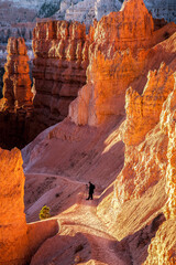 Bryce National Park, Utah, A photographer preparing to take a photo at sunset on a trail in Bryce National Park.