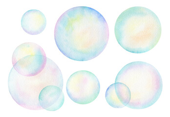 A set of watercolor elements soap bubbles on a white background