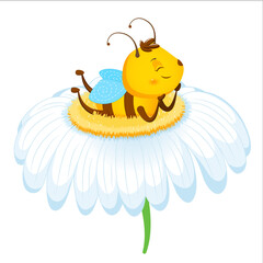 Cute cartoon bee lies on a camomile. Children s illustration. Isolated on a white background.