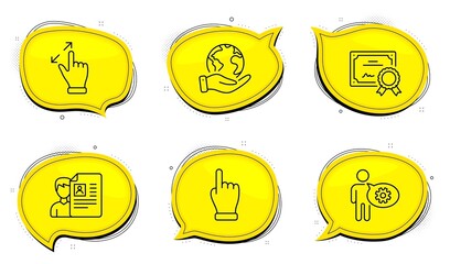 Click hand sign. Diploma certificate, save planet chat bubbles. Cogwheel, Touchscreen gesture and Job interview line icons set. Engineering tool, Zoom in, Cv file. Direction finger. People set. Vector