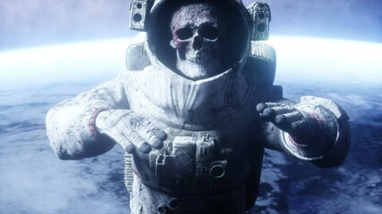 Dead zombie astronaut in space. Cadaver. Realistic 4k animation.