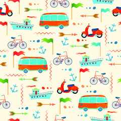 Seamless pattern with buses, scooters, bicycles, ships, arrows, anchors, flags