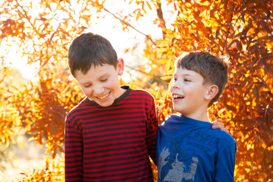Portrait of young brothers laughing together in autumn