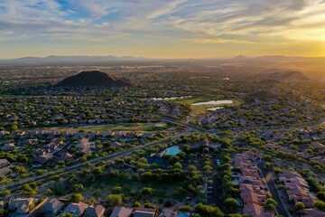 A aerial view during sunset of Las Sendas a golf community in east Mesa Arizona.