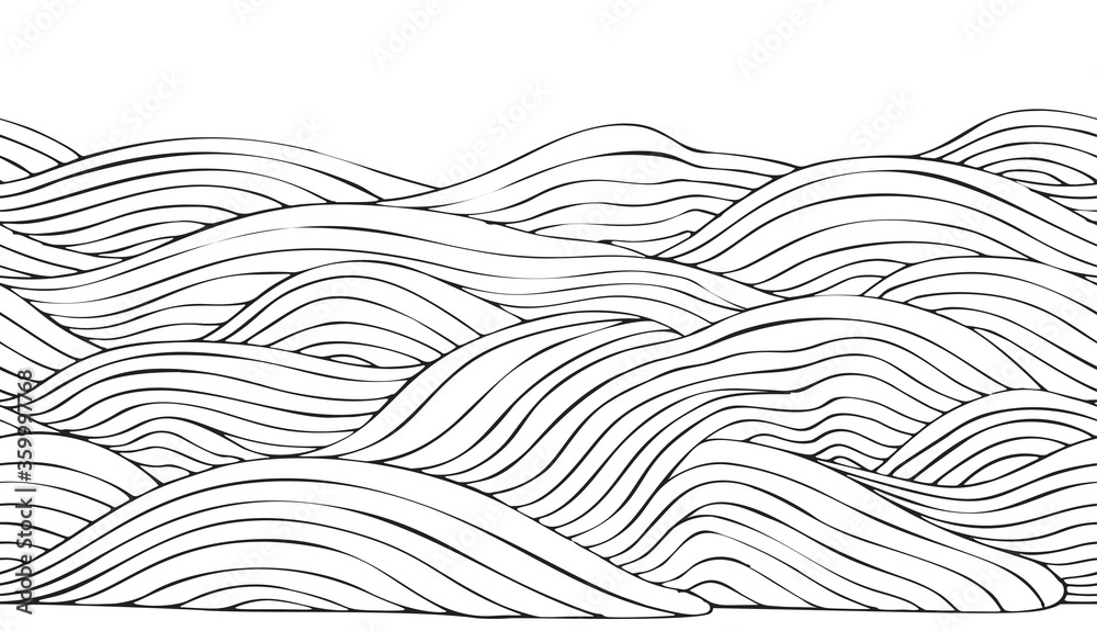 Wall mural ocean waves horizontal seamless pattern. coloring book page for adult and children. hand-drawn, blac