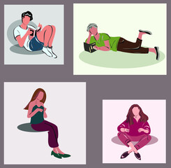 The girl is sitting and thinking, the girl is resting and resting, the guy is sitting and reading, the guy is lying and reading. Set of human figures. Isolated image. 
