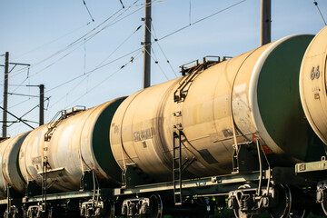 Fototapeta na wymiar The train from barrels of petroleum products.