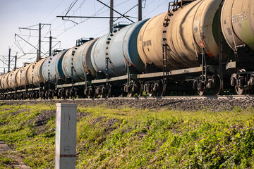 Fototapeta na wymiar The train from barrels of petroleum products.