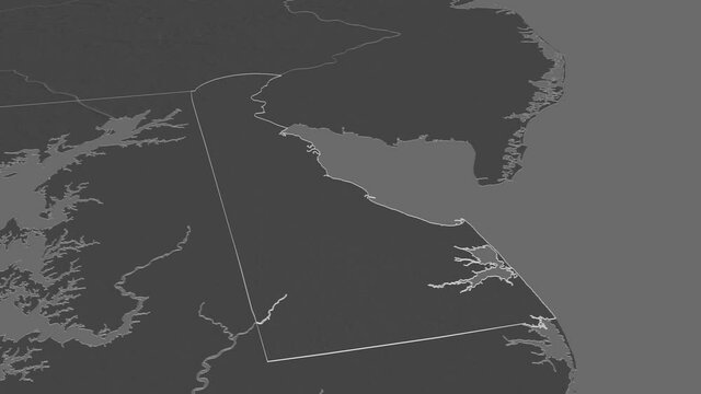 Delaware, state with its capital, zoomed and extruded on the bilevel map of United States in the conformal Stereographic projection. Animation 3D