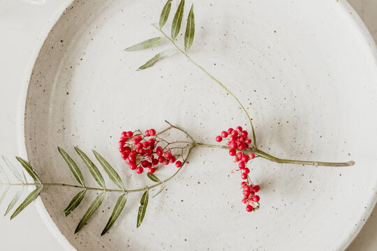 Pink peppercorns on a plate.