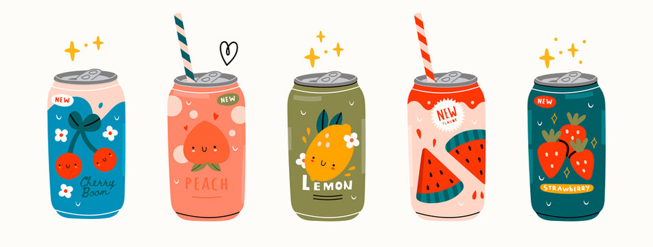 Various tasty Sodas. Hand drawn Vector set of soft Drinks in aluminum Cans. Carbonated water with different fruit flavors. Kawaii Japanese style. Trendy illustration. All elements are isolated